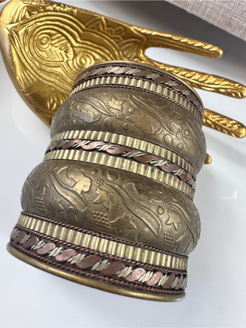 70’s Brass Cuff Bracelet Carved Birds